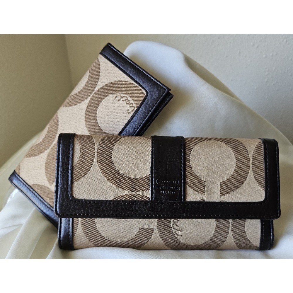Coach Brown Leather Checkbook Wallet in Signature Canvas - Khaki and Tan - Picture 1 of 16
